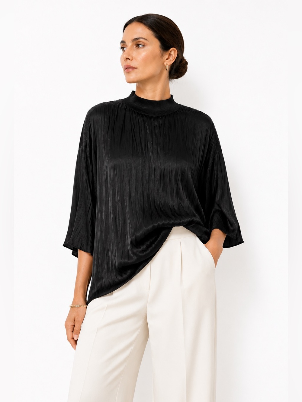 Vince Black Pleated Satin Mock Neck Blouse XXL NWOT